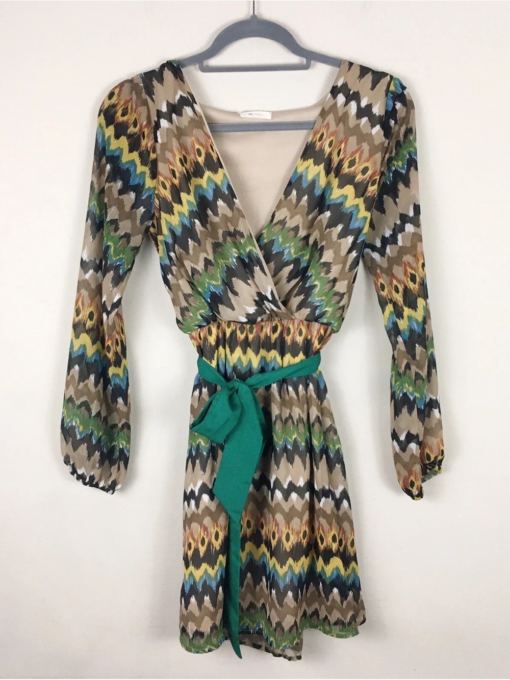 Everly Multicolor Chevron Wrap Dress with Teal Waist Tie